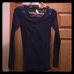 Long sleeve navy women's shirt with lace trim